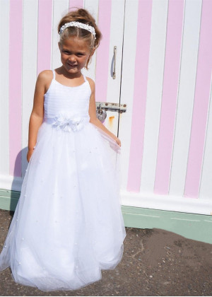 White Pleated Organza Pearl Flower Girl Dress